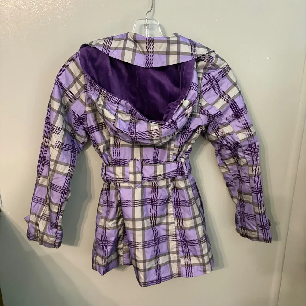 London Fog Kids Purple Grey Plaid Trench‎ Coat Jacket Hooded Belted (Girls 10)